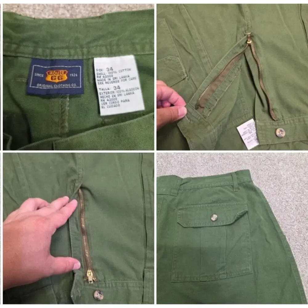 Y2K Indie Sleaze 2000s Route 66 Pleated Cargo Shorts Size 34 Olive Green Cotton